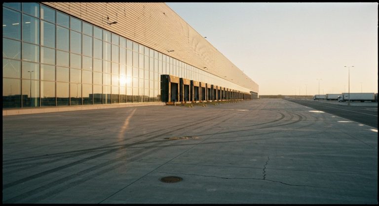 A wide-angle photo of a massive modern warehouse building with a steel facade under a warm golden sunrise.