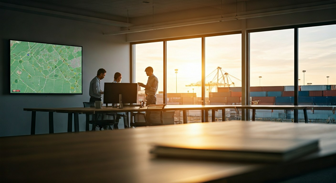 A modern logistics office with a team meeting in front of a window overlooking a shipping terminal.
