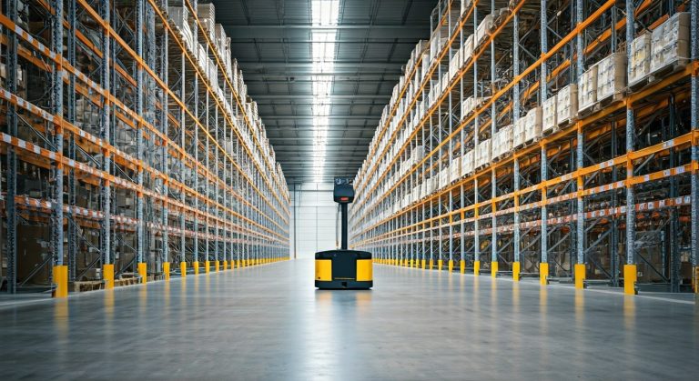 Interior of a large modern warehouse with high steel shelves and an autonomous robot moving on a scuffed concrete floor.