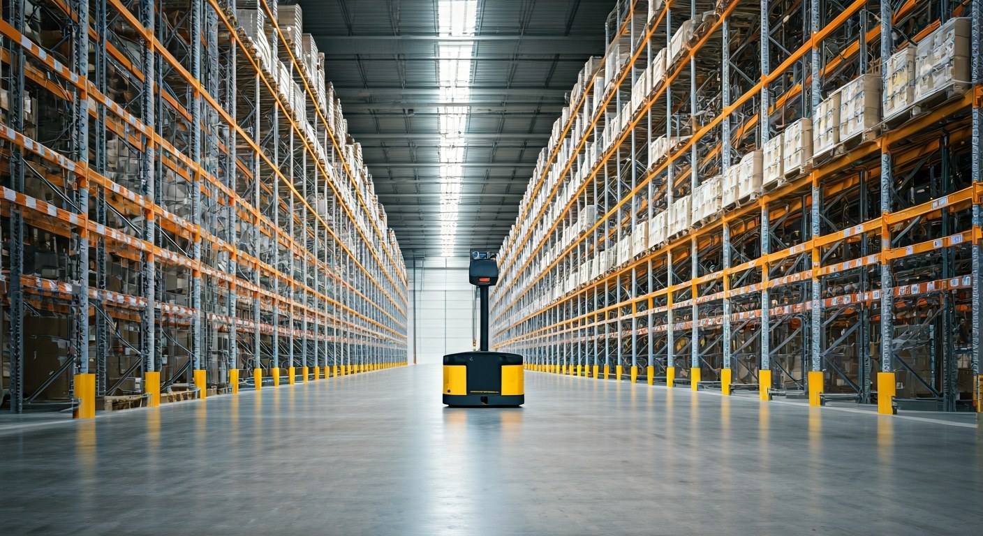 Modern Amazon Warehouse Infrastructure 2026 Interior of a large modern warehouse with high steel shelves and an autonomous robot moving on a scuffed concrete floor.