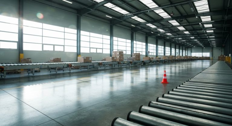 A wide, sunlit interior of a modern warehouse with conveyor belts and boxes under soft morning window light.