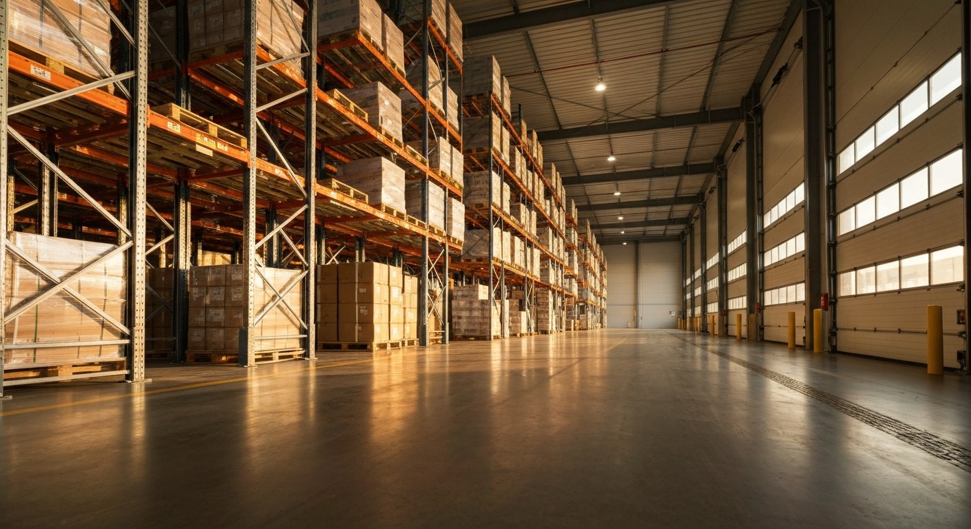 High Velocity FBA Restock Logistics Hub Wide view of a large, organized warehouse with tall storage racks during sunset with golden light hitting the floor.