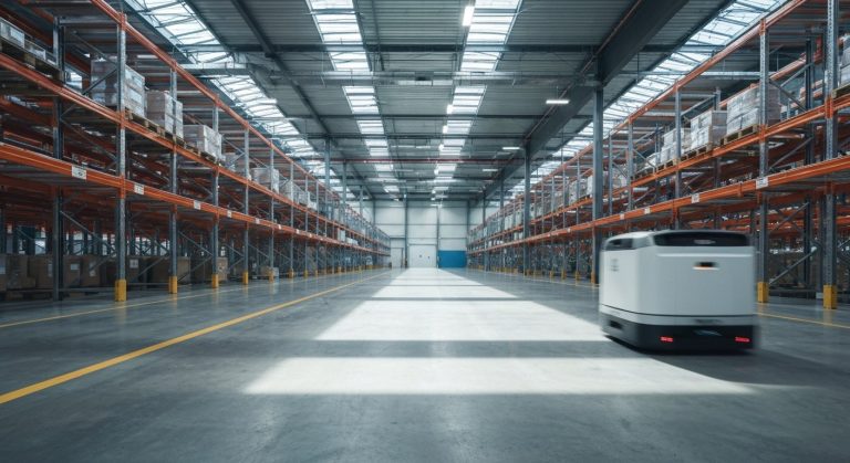 Mobile Warehousing: The Definitive 2026 Expert Review (New) 4 A wide view of a modern warehouse with autonomous robots moving between modular storage racks under industrial lighting.