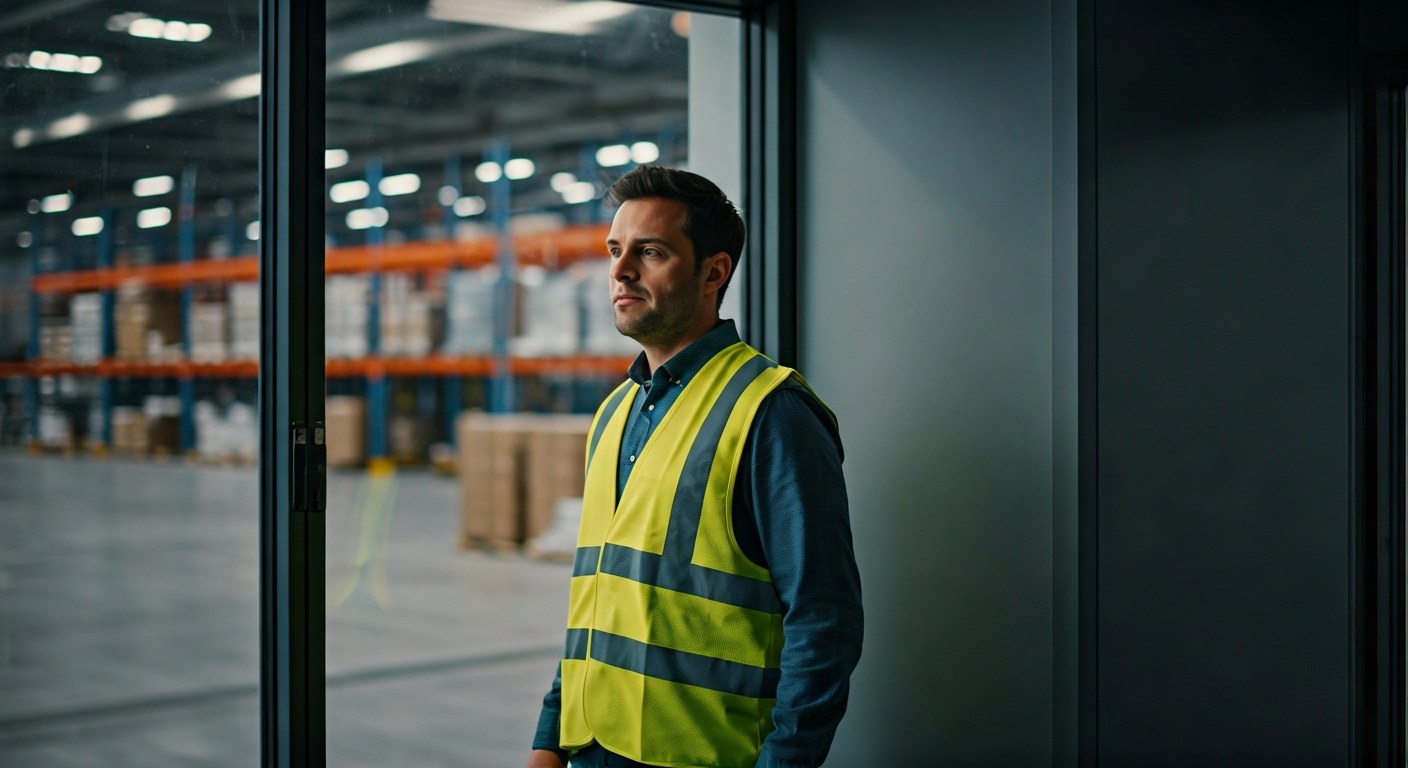 Modern Modular Warehouse Office Interior A warehouse manager in a safety vest looks through the glass window of a modern modular office into a blurred warehouse.