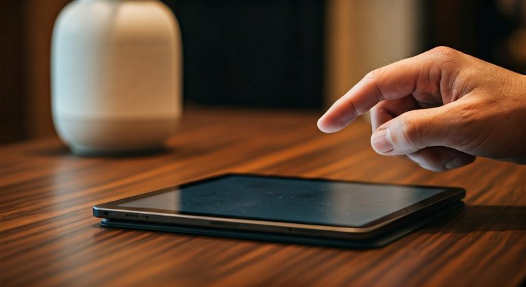 Close-up of a hand using a tablet point-of-sale system on a wooden counter in a modern retail store.