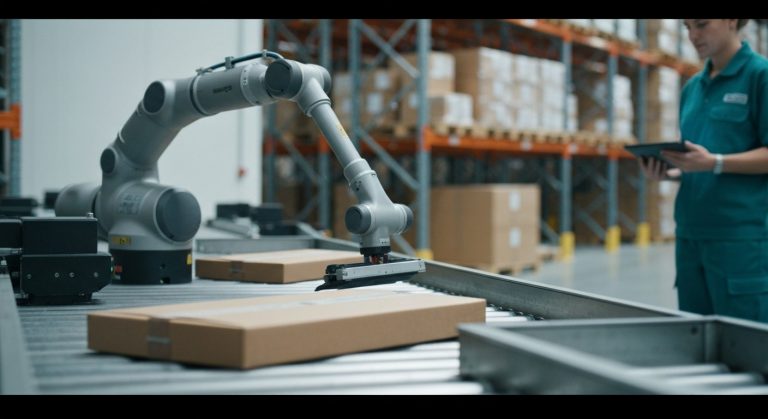 A modern warehouse robotic arm sorting packages on a conveyor belt with a blurred worker in the background.
