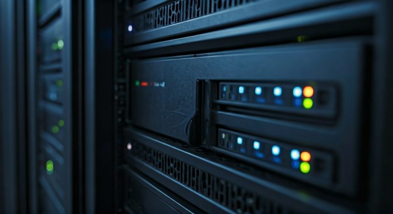 Close-up of a modern server rack with glowing data indicator lights in a data centre.