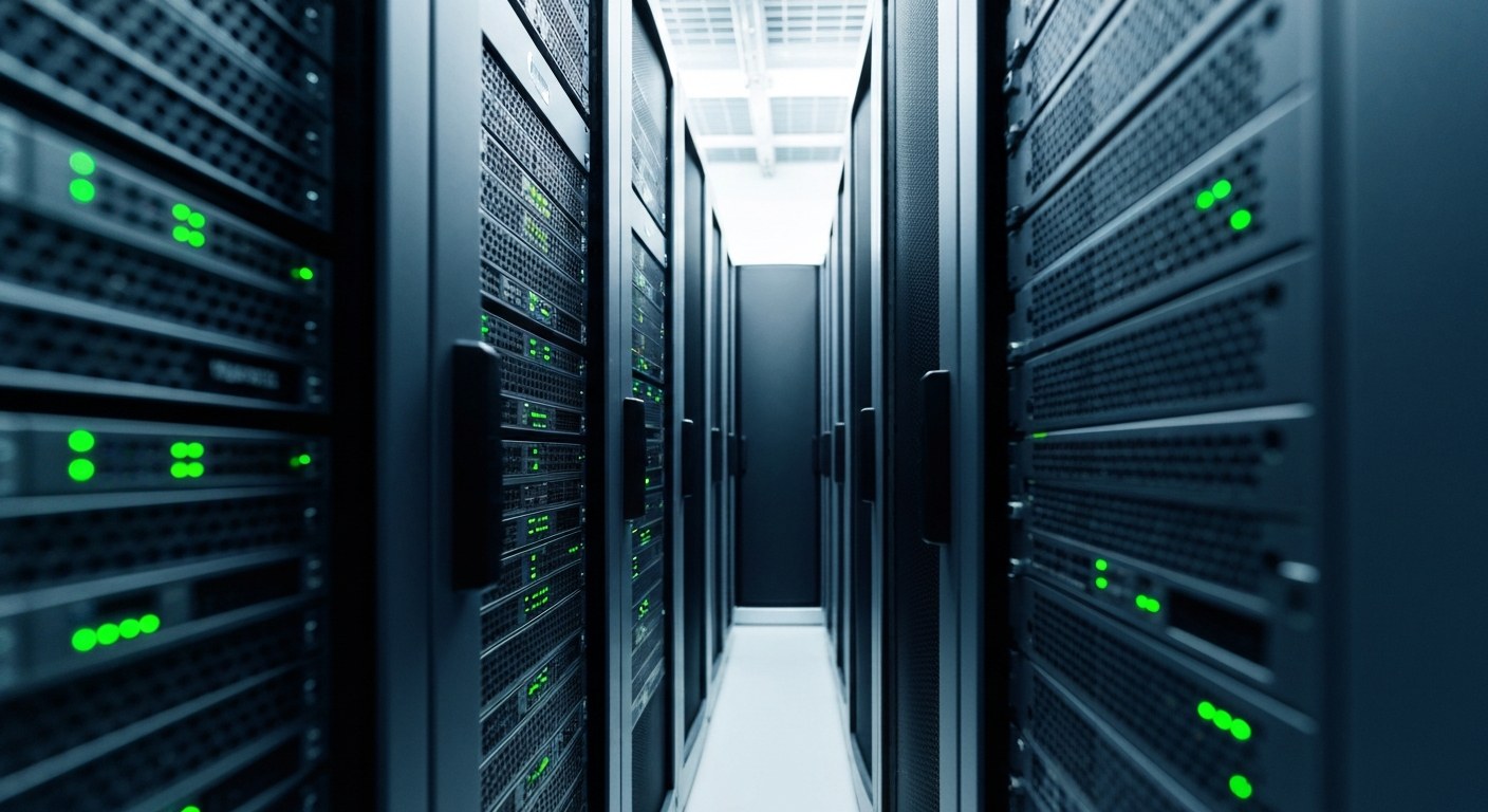 Data Warehouse Server Infrastructure Rows of server cabinets in a modern, quiet server room.