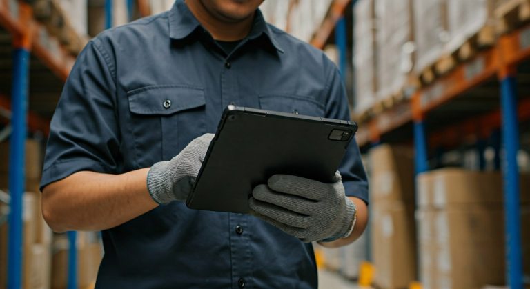 Warehouse associate checking inventory data on a rugged tablet in a warehouse aisle.