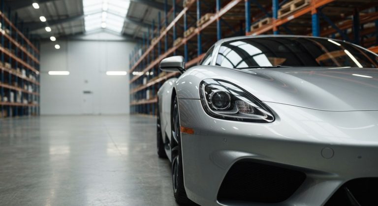 A sleek silver sports car parked on a polished concrete floor inside a modern warehouse with high ceilings and industrial lighting.