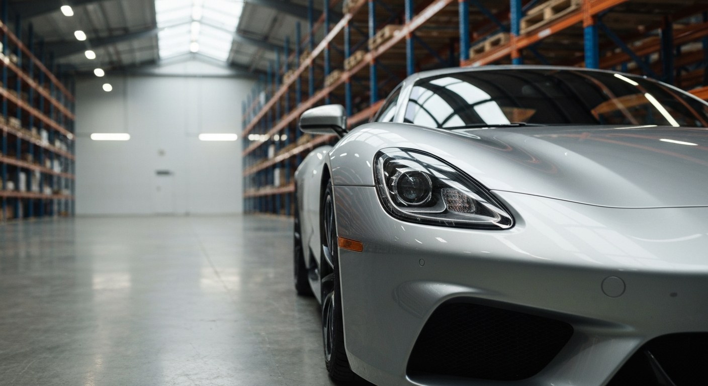A sleek silver sports car parked on a polished concrete floor inside a modern warehouse with high ceilings and industrial lighting.