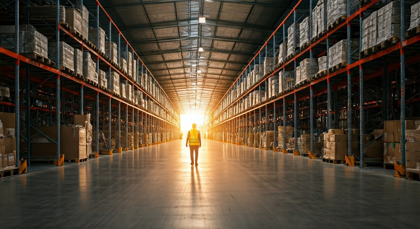 A vast warehouse aisle with golden sunlight streaming through windows and a worker in the distance.