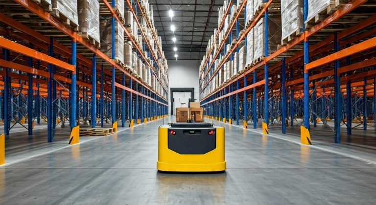 Importance of Warehousing in Logistics? (The Truth) 5 An autonomous mobile robot transports a pallet within a busy, modern warehouse aisle.