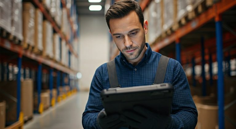 Warehouse manager reviewing inventory data on a handheld tablet in a modern facility.
