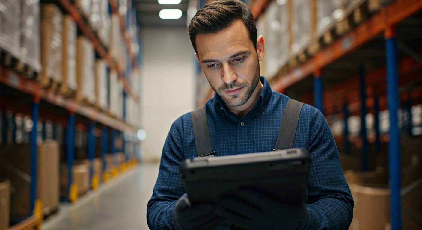 Warehouse manager reviewing inventory data on a handheld tablet in a modern facility.