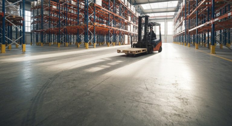 A wide view of a modern warehouse with high steel racks and a forklift moving a pallet under soft morning light.