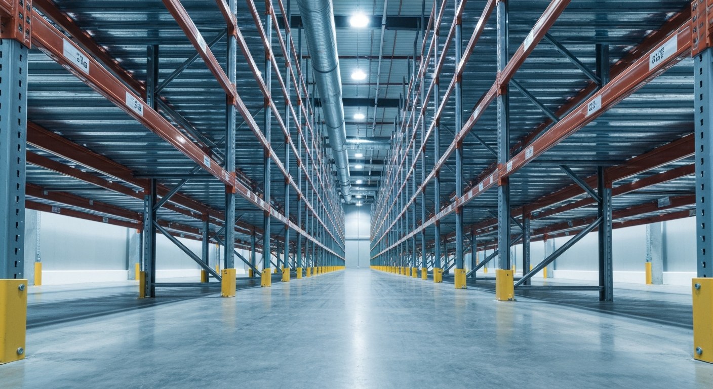 Modern Warehouse Climate Control Wide shot of a modern, organized, climate-controlled warehouse interior with overhead industrial HVAC ducting.