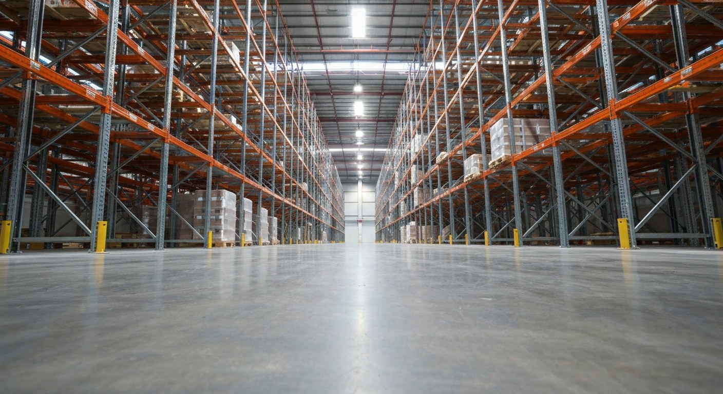 Global Warehousing Infrastructure Growth 2026 Wide low-angle shot of a massive modern warehouse with tall metal shelving and polished concrete floors.