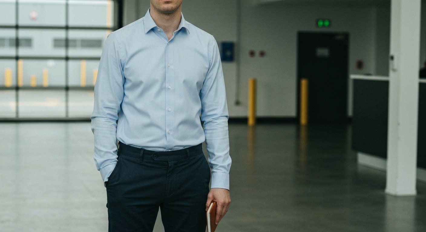 Modern Warehouse Interview Attire for Men A man in a light blue button-down shirt and dark chinos stands in a modern warehouse lobby holding a notebook.