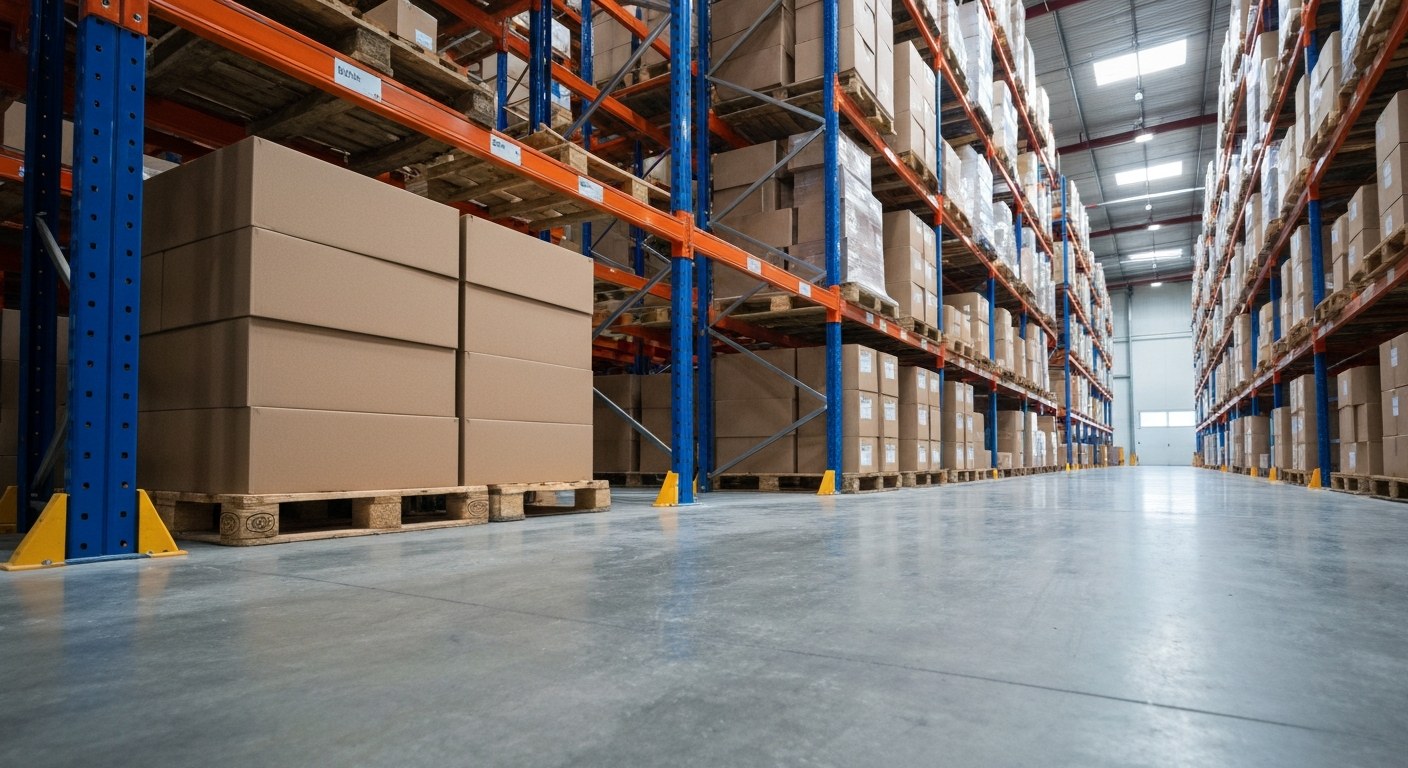 Wide view of an organized warehouse aisle with tall shelves and cardboard boxes on pallets under natural light.
