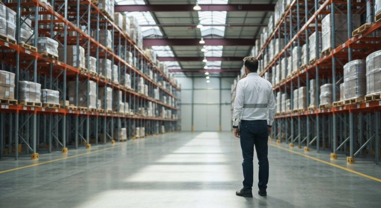 A logistics manager overlooks a vast, organized warehouse with high steel racks under natural skylight.
