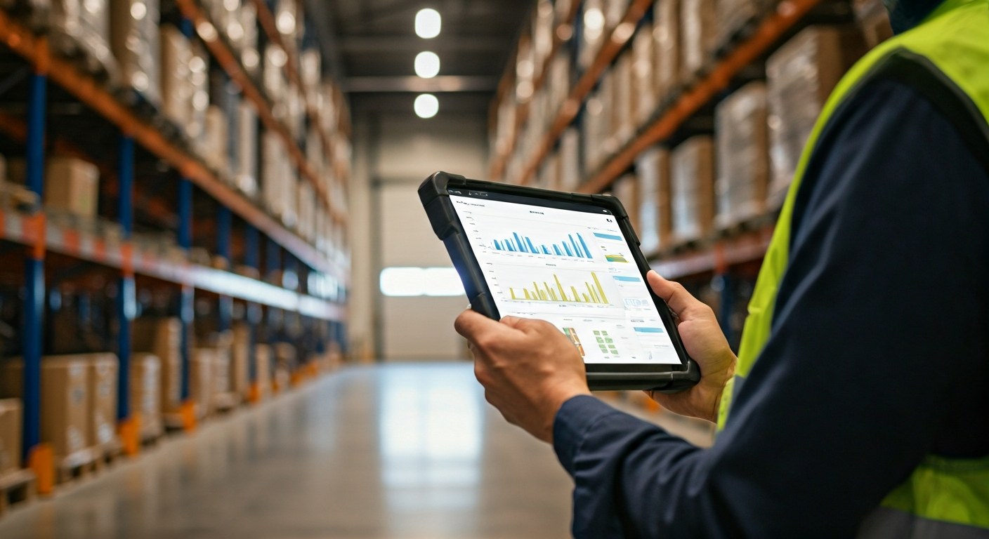 A warehouse manager using a rugged tablet to monitor inventory levels in a large distribution center.