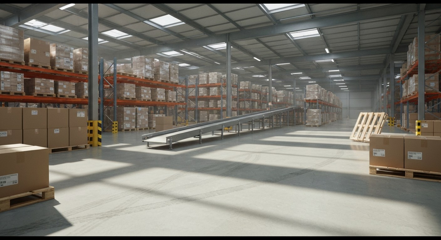 A wide interior view of a vast, modern warehouse with high ceilings, skylights, and a polished concrete floor.
