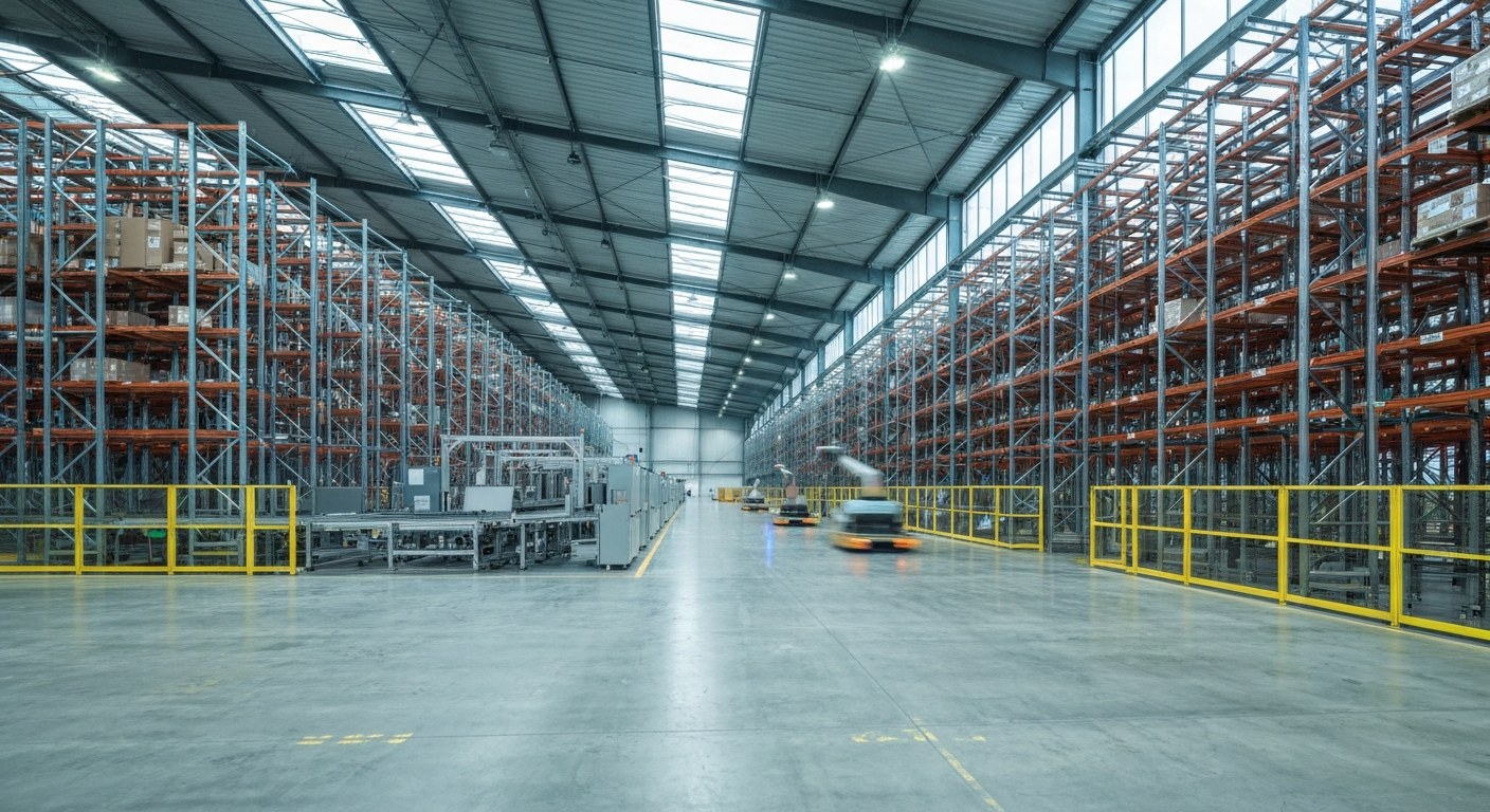 Modern Logistics Infrastructure and Automation Wide perspective of a vast, high-tech warehouse with automated conveyor belts and industrial shelving under natural light.