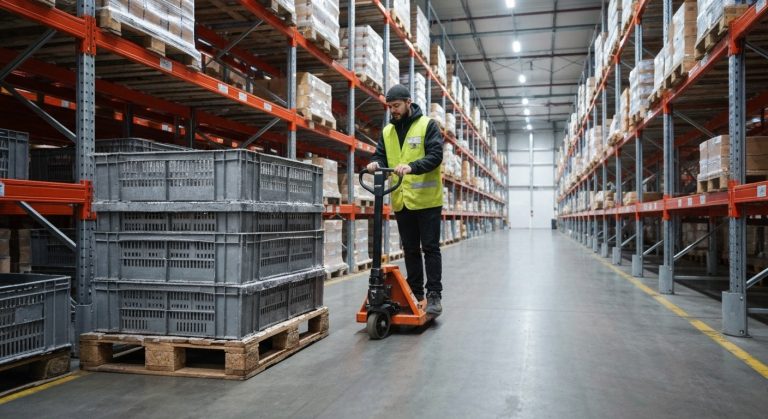 Order selector operating an electric pallet jack in a modern refrigerated warehouse environment.