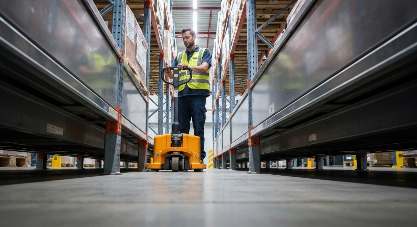 Mastering Modern Warehouse Operations Worker operating an electric pallet jack in a modern warehouse aisle.