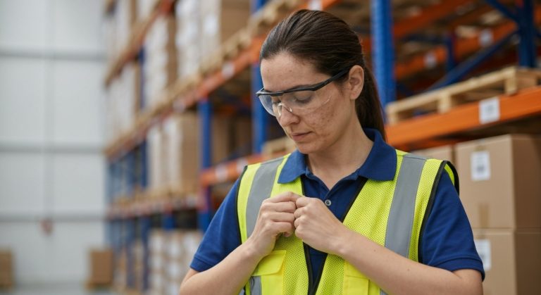 Warehouse Safety: Essential 2026 Protocols (Complete Guide) 2 A professional female warehouse supervisor in a safety vest stands in a bright, modern logistics center, looking focused.