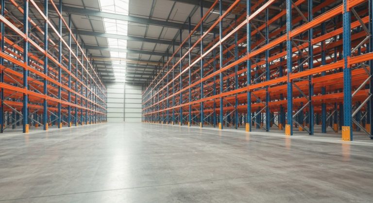 Pallet Racks for Warehouse: Don't Overpay (2026 Prices) 2 Rows of industrial selective pallet racks in a large, sunlit modern warehouse with polished concrete floors.