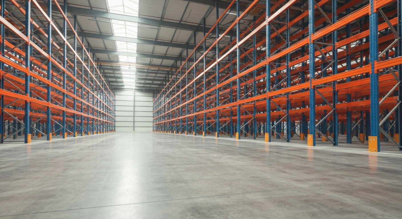 Rows of industrial selective pallet racks in a large, sunlit modern warehouse with polished concrete floors.