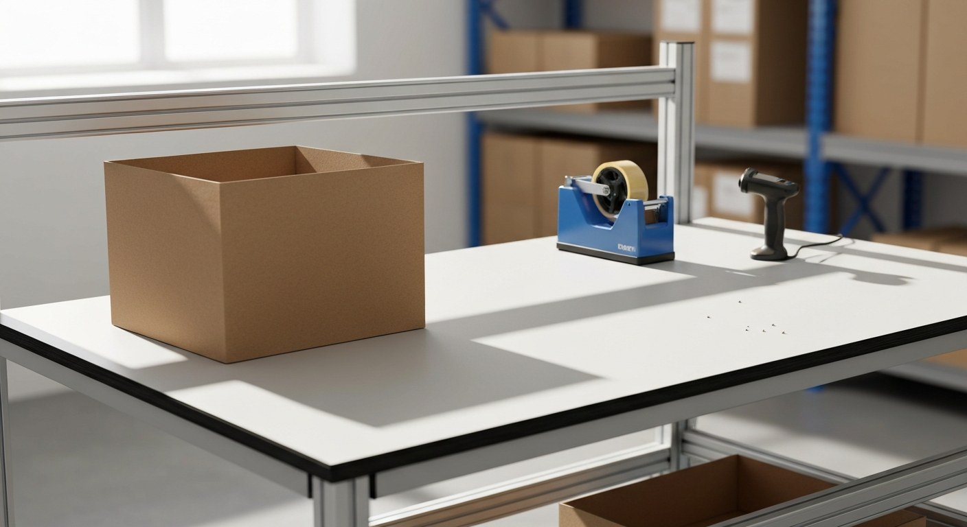 A clean, modern industrial packing workstation with a steel frame, featuring a cardboard box and tape dispenser.