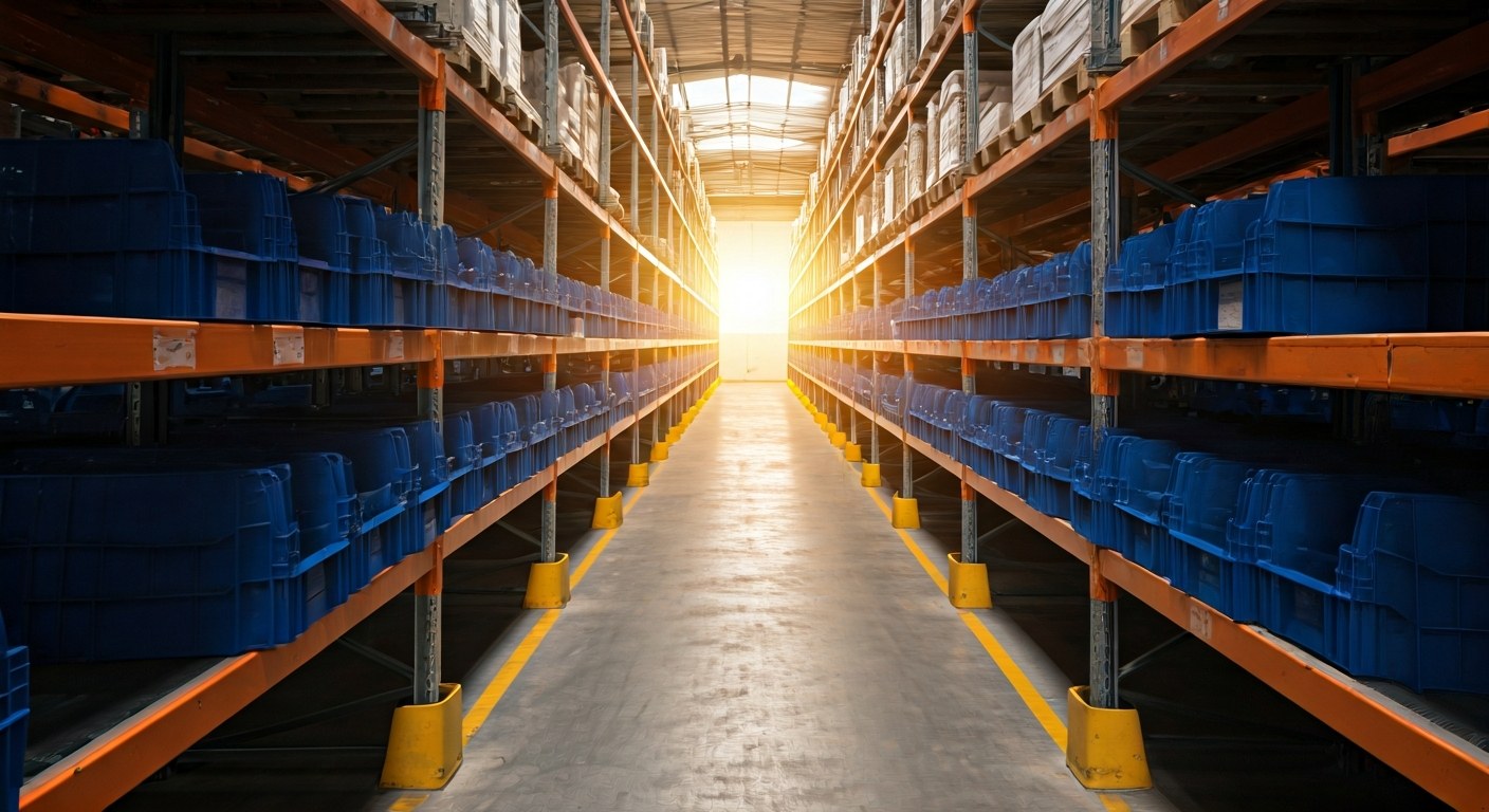 Optimized Warehouse Storage Solutions A long aisle of high-density warehouse racking with blue bins under warm afternoon sunlight.