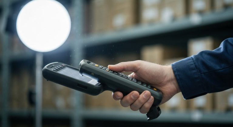 Warehousing 2026: Still Using Old Methods? (New Data) 6 Warehouse worker using a handheld terminal to manage inventory in an automated storage facility.
