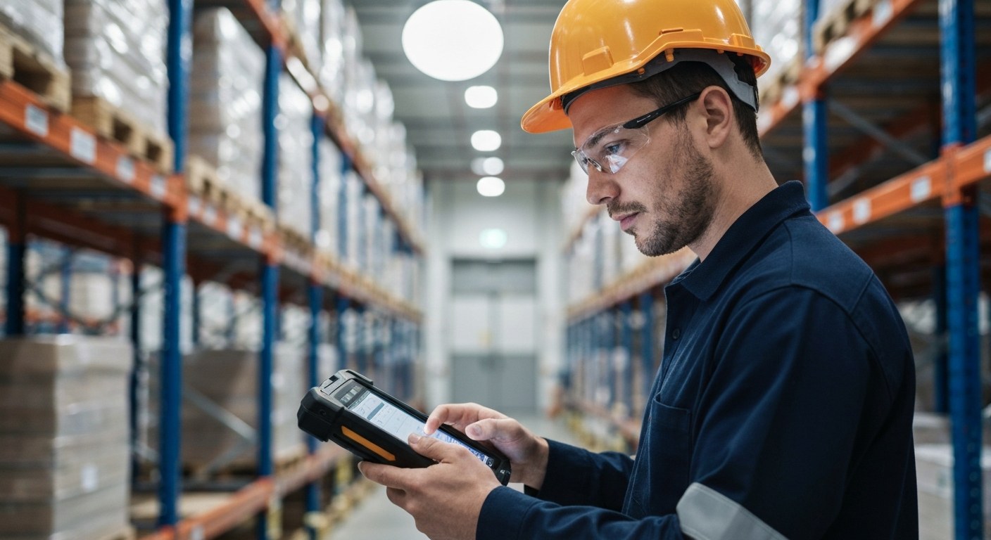 Modern Warehousing Technology A technician views industrial data on a handheld device in a modern, automated warehouse facility.