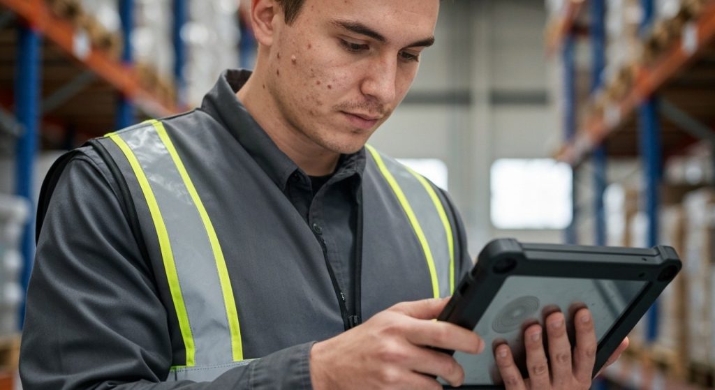 A warehouse professional in a grey high-vis vest checks data on a rugged handheld tablet in a bright facility.