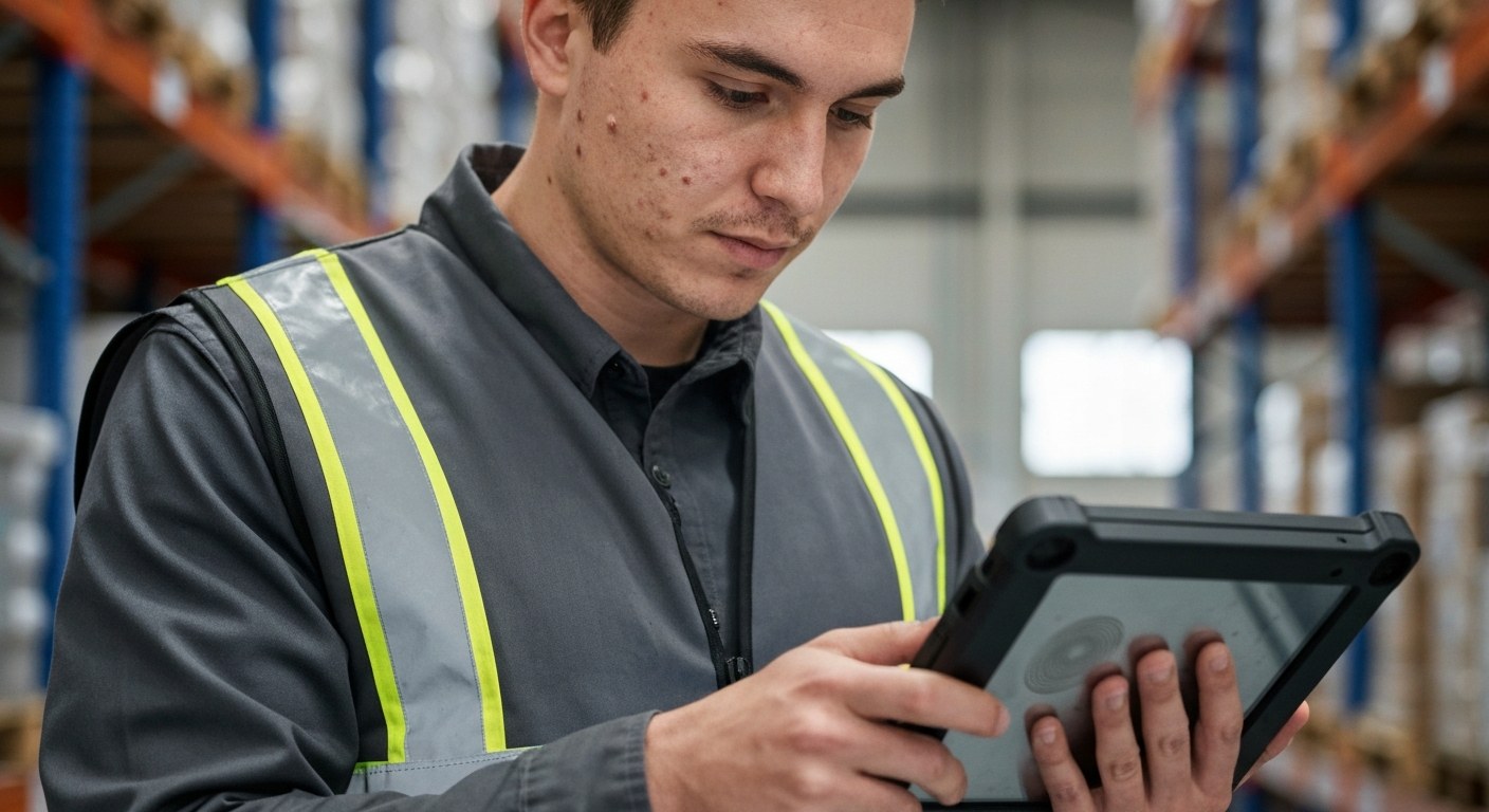 Modern Warehouse Professional Using Inventory Technology A warehouse professional in a grey high-vis vest checks data on a rugged handheld tablet in a bright facility.
