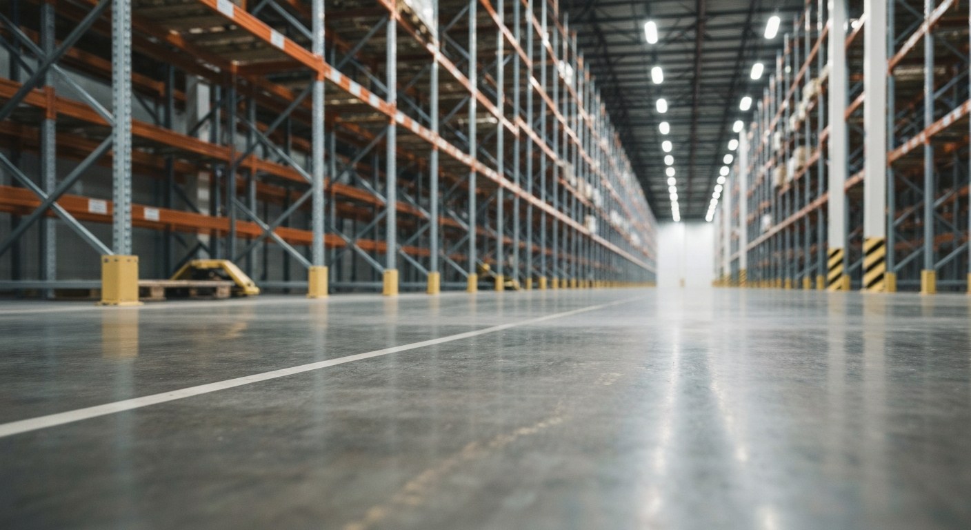 Multi-Location Warehouse Storage Architecture Wide-angle view of a modern warehouse aisle with high industrial shelving and a polished concrete floor.