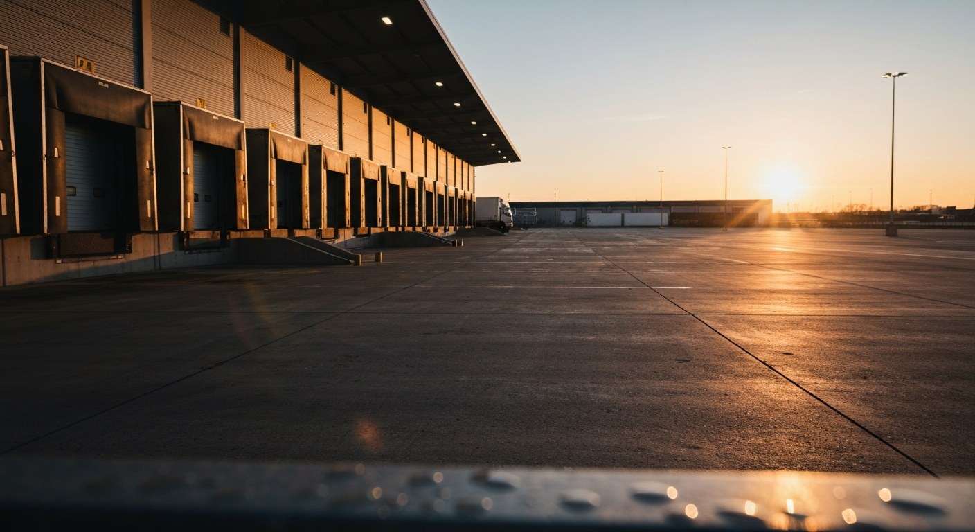 Logistics Shift Premiums Industrial loading dock at dusk, focusing on the infrastructure of night shifts.