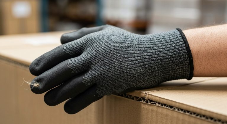 Close-up of a hand in a black nitrile-coated glove gripping a rough cardboard box corner in a warehouse setting.