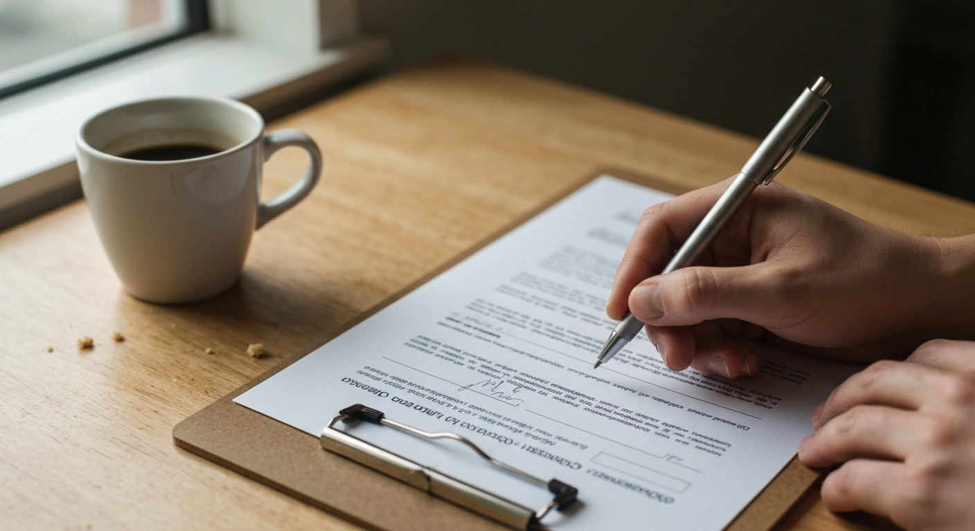 Close-up of hands signing employment paperwork on a clipboard at a desk.