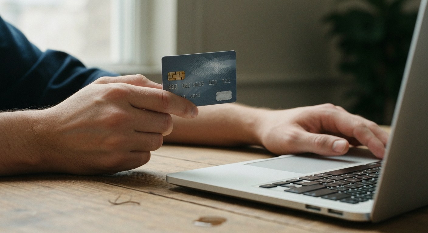 Consumer Caution During Online Clearance Shopping A person's hands near a laptop holding a credit card cautiously on a wooden desk with soft natural lighting.