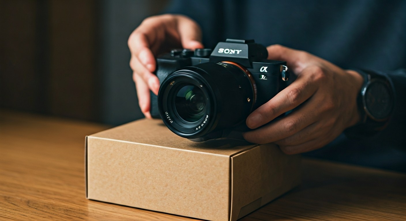 Open-Box Electronics Resale Value Close-up of a high-end camera being unboxed from a recycled cardboard package on a wooden table.