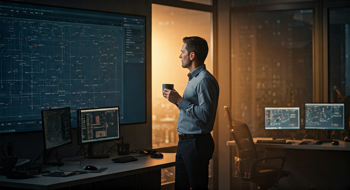 Strategic Operational Oversight Operations manager looking at a wall-mounted production flow map holding a coffee mug.
