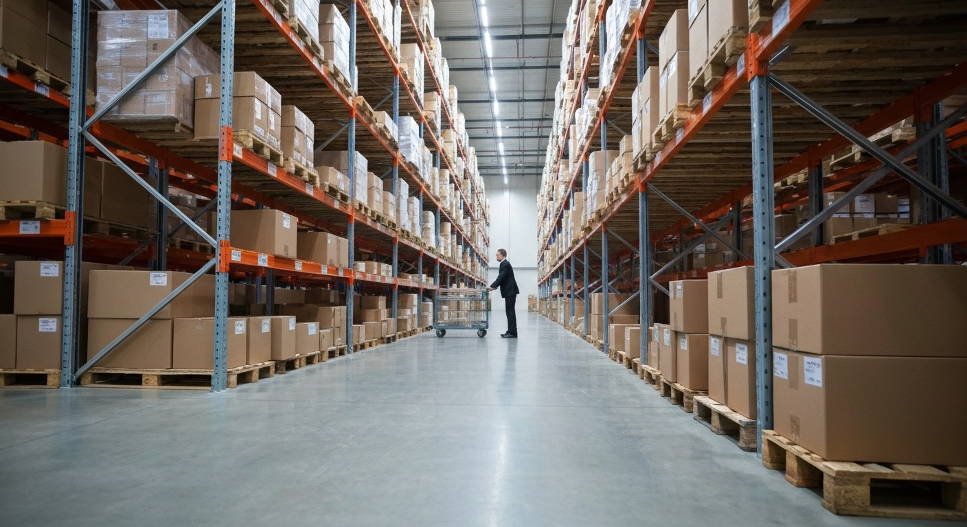 Wide shot of an organized warehouse aisle with a worker pushing a picking cart on a polished concrete floor.