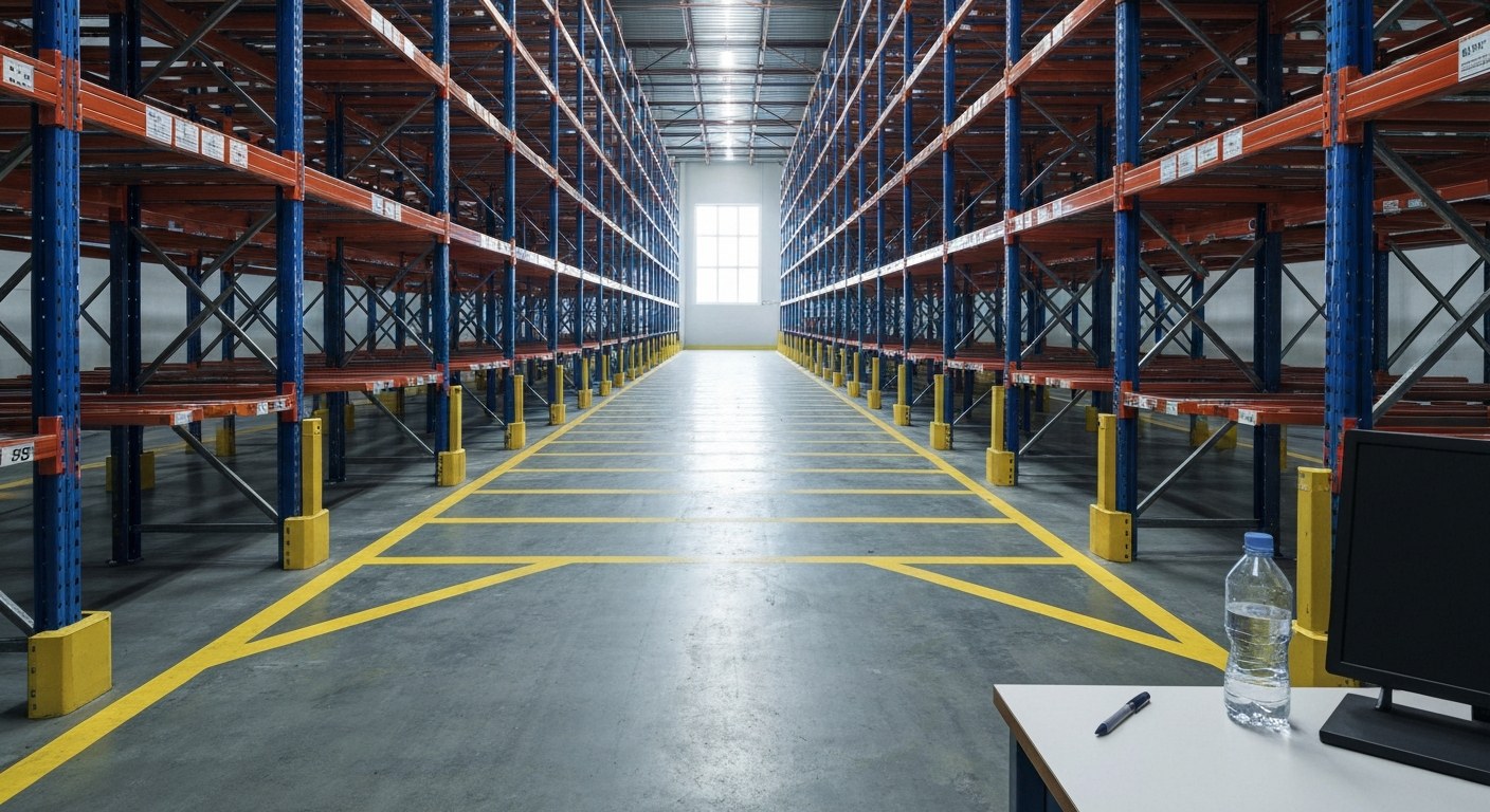 Strategic Warehouse Layout and Traffic Optimization An organized warehouse aisle with clear yellow floor markings for one-way traffic and optimized layout.
