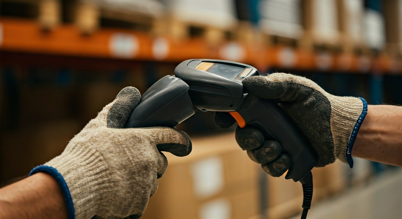 Hands using a warehouse scanner to verify a pallet of goods.