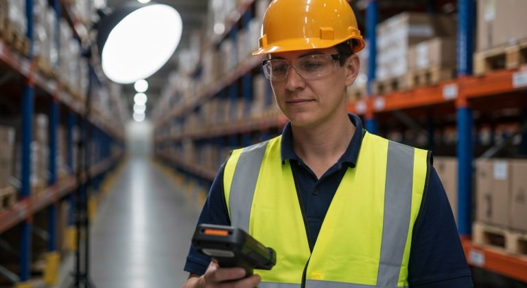 An experienced warehouse worker scanning packages in a modern distribution center.